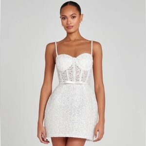 NADINE MERABI Alice White Sequin Mini Dress Engagement Wedding Size XS (2)